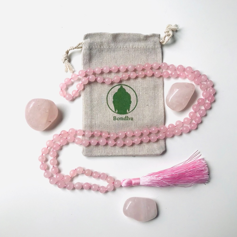 NWT Rose Quartz Stone Mala Bead Necklace with Pink Tassel